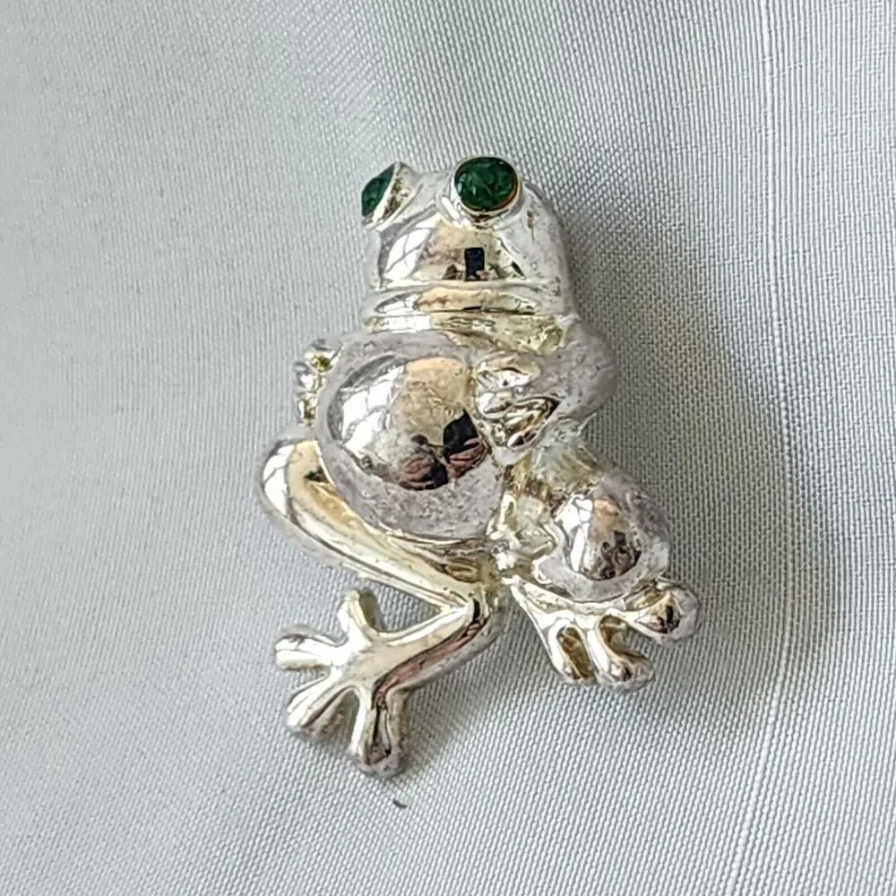 Best Silver Tone Green Jeweled Eyes Potbelly Frog Pin Pendant‎ Necklace